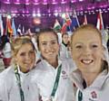 GOLDEN girls . . . Nicola White, right, with her teammates Georgie Twigg & Maddie Hinch at last night's closing ceremony of the Rio Olympics