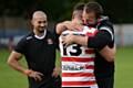 Oldham V Whitehaven. Oldham celebrate winning as they now stay up (l-r) Liam Thompson and coach Scott Naylor.