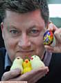 BARBER Patrick Scrivens who is collecting Cadbury Creme Eggs for Francis House Hospice which they put knitted chicks on and sell to raise money