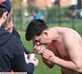 Daisyfield Rangers V Royton Park, match played at Oasis Academy, Oldham. Chris Morris, playing for Daisyfield, with a bloody nose after a tackle.