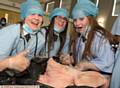 FEELING queasy . . . Joanna Mazur (13), Amira Allen (14) and Taylor Bowden (13) dissect a pig's head.