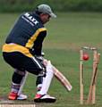 CLEANED UP: Oldham captain Rashid Hussain is bowled. 