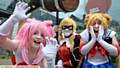 Comic Con, Oldham Library. (l-r) Emily Calder (8) as Chibiusa from the Sailor Moon manga series, Jessica Williams as Harley Fett and Amiee Taylor as character from Sailor Moon manga series.