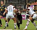 RUNNING HARD: New Oldham man Sadiq Adebiyi tries to break through at Bradford. PICTURES by DAVE MURGATROYD