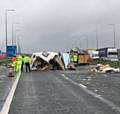 DEBRIS scattered across the M62 westbound carriageway near junction 22