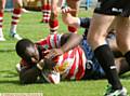 TRY TIME: Powerful forward Sadiq Adebiyi crashes over the line to score for Oldham