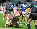 NIELD NAILS IT: Oldham's Steven Nield scores his side's first try against Toulouse at Bower Fold.
