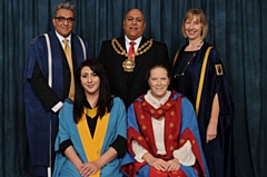 Pictured are (back row): Mr Billy Khokhar (Graduate Presenter), Cllr Javid Iqbal (Mayor of Oldham) and Professor Hazel Rymer (Presiding Officer). Front row: Najma Khalid and Dr Liz Marr