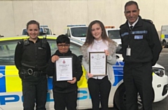 Pictured (left to right) are: PC Neighbourhood Officer Amy Beckett, Ibrahim, Sophie and Supt Umer Khan 