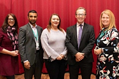 Pictured are (from left): Carol Price, Curriculum Manager, Cllr Shaid Mushtaq, Cabinet Member Employment and Skills, Melissa McDermott, Learner; Andrew Sutherland, Director Education and Early Years; and Alison Horsfall, Programme Leader and tutor