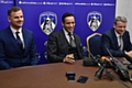 Abdallah Lemsagam (left) at his recent unveiling as Athletic's new owner. He is flanked by Richie Wellens and Mark Moisley.