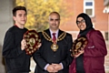 Students of the Year Thomas Tupman and Mubashirah Hanif with the Mayor of Oldham, Cllr Shadab Qumer.

Picture by Darren Robinson