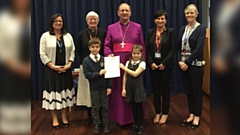 Left to right:   Mrs Joanne Cunningham, Rev. Pat Gillian, Bishop Mark Davies, Ms Jane Fraser, Mrs Claire Calverley-Smith, Theo Horner and Isabella Sweeney-Musselle