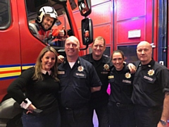 Chef Adam Reid with presenter Vicky Grimes, Watch Manager Mark Bamford, Firefighter Pete Griffiths, Firefighter Kate Lonsdale and Crew Manager Dave Dodson