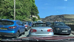 The gridlocked scene close to Dovestone Reservoir on bank holiday Monday