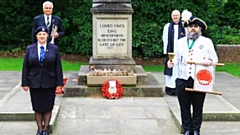 The VJ Day 75 scene at Uppermill. Front: Alison Clowes and town crier Marcus Emms, rear: John Whittle and Rev John Rosedale 