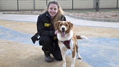 Cheeky Charlie is pictured with Assistant Training and Behaviour Adviser Charlotte Moyes