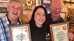 CAMRA's Peter Alexander, winner Michelle Riley and CAMRA’s Mike Robinson 