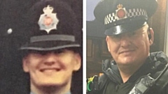 Now and then... PC Lee Cullen, pictured (left) at the start of his career, retires today