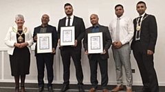 Pictured are (left to right): Cllr Jenny Harrison, Mayor, Muzahid Khan DL, Haroon Danis, Moinul Islam MBE, Amin Babor Chowdhury, and Cllr Shaid Mushtaq, Mayor's Consort