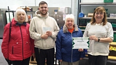 Pictured are Rosanne, Joan, Tom Lewis-Hood, Project Manager, and Pam Bailey, a SACG member and foodbank helper