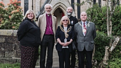 (L-R) Lucie Reilly, Lay Reader; the Bishop of Manchester, David Walker; The Mayor Oldham, Cllr Elaine Garry; the Vicar of Waterhead, Paul Monk, and the Mayor's Consort, Cllr Graham Shuttleworth