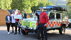 L to R Sally Buckley (Dovestone HP), Peter Keenan, Brew on the Brow, Ian Atherton, OMRT member, Matthew Keenan, Brew of the Brow, Trainee Search Dog, Ace, Rick Beswick, OMRT member