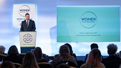 Local Transport Minister Simon Lightwood speaks at the Women In Bus and Coach conference. Image courtesy of the Department for Transport