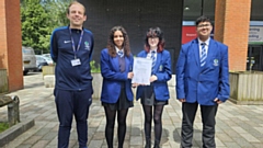 Pictured with the Quality in Careers Standard Award are Neil Wilson, Assistant Principal, Personal Development, Kashif, Y10, Rhiannon, Y10 and Allyha, Y10