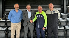 Pictured are (left to right): David Fish (Mossley FC first team manager), Stephen Porter (Mossley FC chairman), Steve Southern (Uppermill FC chairman) and Mark Howard (Uppermill FC manager)