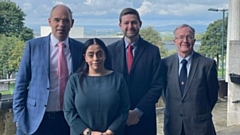 Pictured are Eton head, Simon Henderson, Oldham council leader Arooj Shah, Oldham West and Royton MP Jim McMahon, and council chief executive Harry Catherall. Image courtesy of UGC/LDRS