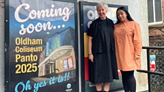 Julie Hesmondhalgh and council leader Arooj Shah pictured in front of posters announcing the Coliseum's return last night