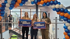 Pictured (left to right) are friends and T Level Health students Sophie Cockroft, Joanna Bardsley and Lucy Buckland celebrating after opening their results on campus