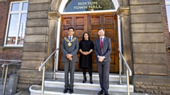 Oldham Council Leader, Cllr Arooj Shah, MP for Oldham West, Chadderton and Royton, Jim McMahon, and Oldham Mayor, Cllr Zahid Chauhan, officially re-opened the refurbished Royton Town Hall building