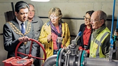 Pictured are the Lord Lieutenant of Greater Manchester, the Mayor of Oldham and MP Debbie Abrahams learning about the Hydro Turbine House with Hydro Operations Director, Dr Andrew Taylor