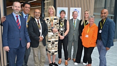 Pictured left to right are: Jonathan Reynolds MP, Secretary of State for Business and Trade and President of the Board of Trade; Dr Zahid Chauhan, OBE Mayor of Oldham; Muzahid Khan DL, Maria Williams and Janet Whitehead (all Upturn), Mr Harry Catherall (Chief Executive Oldham Council); Chelsea Cook, Janet Whitehead and Anwar Ali OBE (all Upturn)  