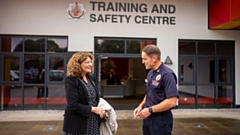 Home office minister Dame Diana Johnson visits GMFRS' training HQ and is pictured with Dave Russel, chief fire officer. Image courtesy of GMCA