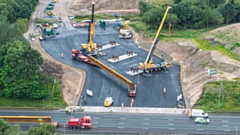 An aerial shot of the beams arriving on the worksite just next to the M62 motorway. Image courtesy of Network Rail