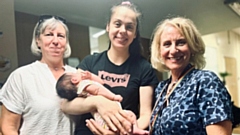 Lois Hill with mum Paula Stoneman (left) and Infant Feeding Specialist Jo Mayall with baby Maeve