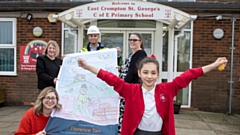 Florence is pictured with Bellway sales manager Lynne Duxbury, assistant site manager Jack Fidler, Head of School Mrs Robinson and her mum