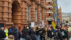 A scene from the CSE protest outside Andy Burnham's office. Image courtesy of John Lawrence