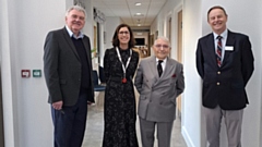 Pictured outside The Stoller Wing are (left to right): Stephen Lowe, Karen Miller, Sir Norman Stoller and Peter Curtis