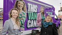 Ovarian cancer survivors Dr Charlotte Badescu and Hilary Morrison who feature on one side of the van