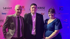 Team Marlborough Brickwork Ltd proudly celebrating their success at the awards evening in London. Pictured (left to right) are: Kevin Burke - Operations Director, Ethan - Apprentice, and Beth Carter - Business Systems Manager